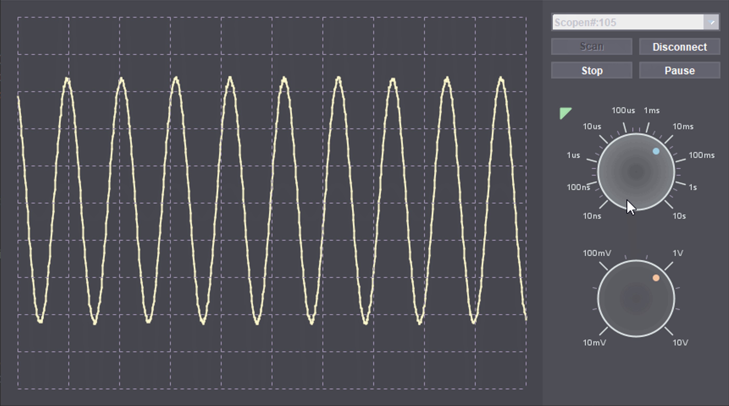 Scopen Java Swing desktop interface showing a live waveform