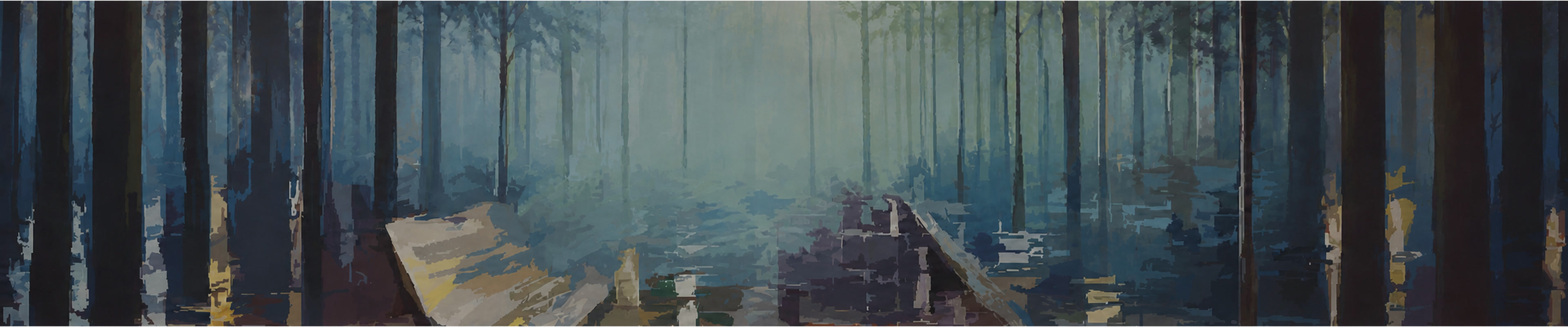 A painterly forest studio scene