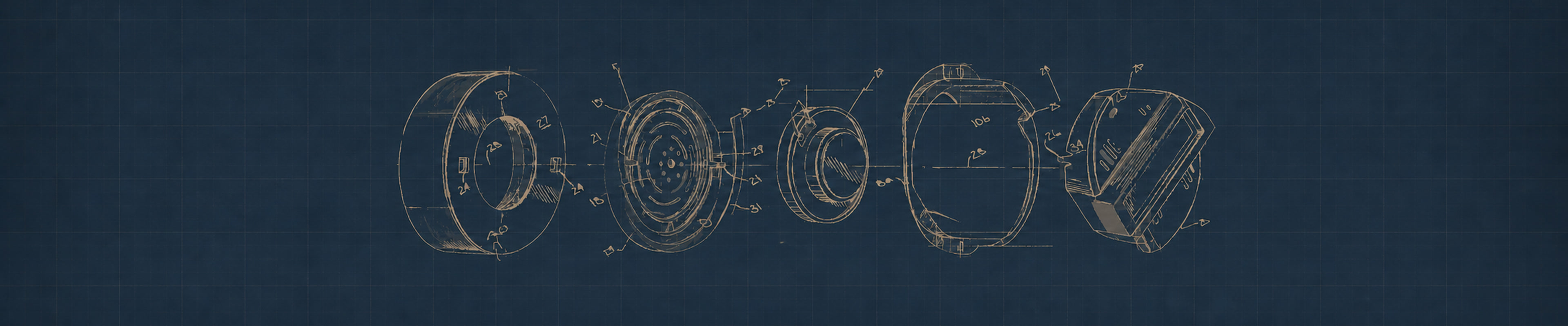 Hand-drawn engineering sketches on dark blue blueprint paper